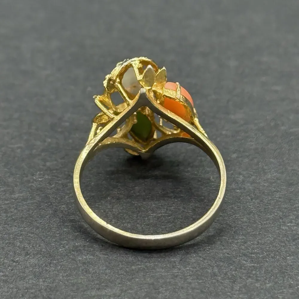 Vintage 14K GF Opal Coral Jade Marquise Multi-Stone Floral Bypass Ring Size 9